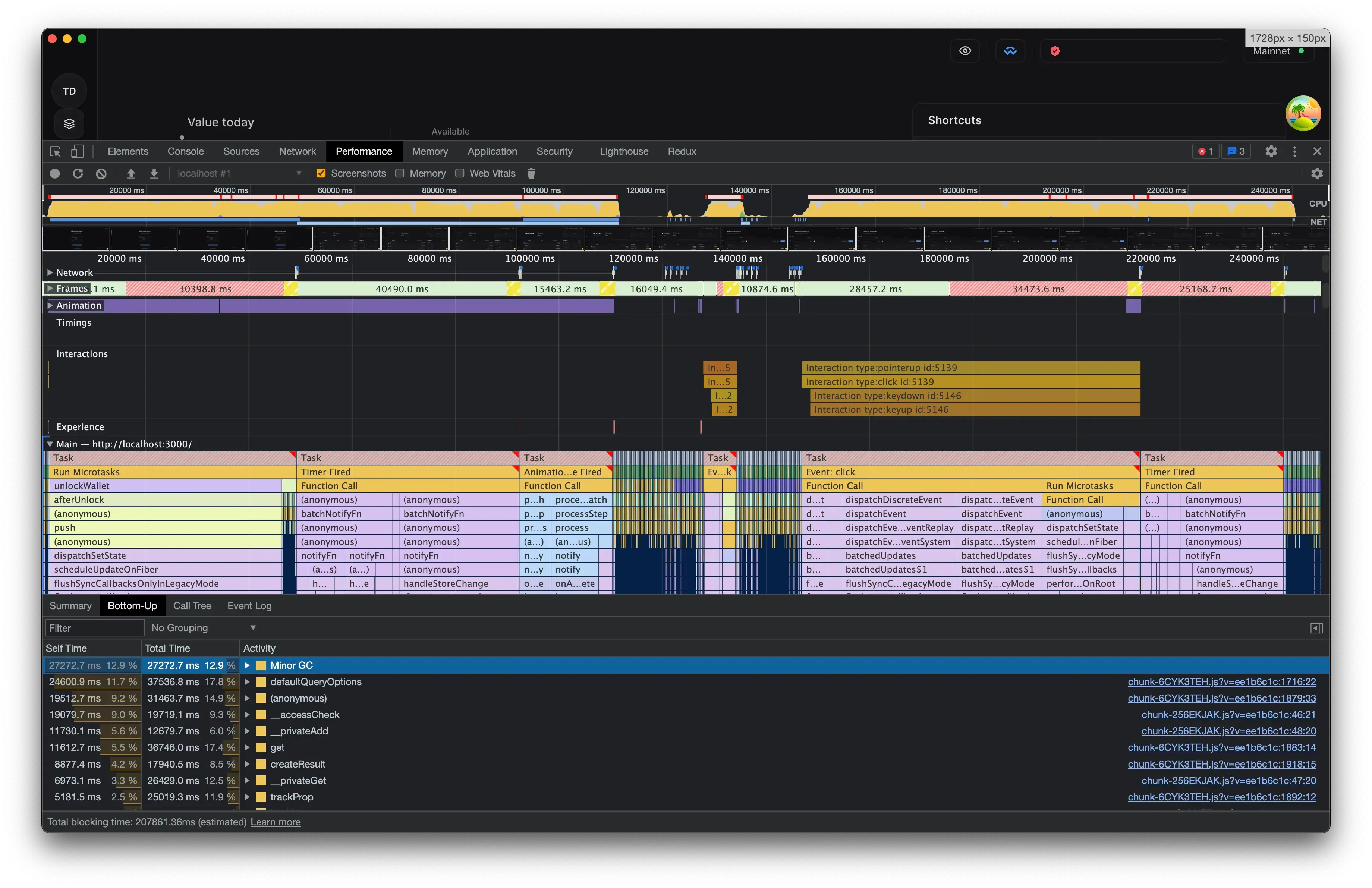 A DevTools Performance trace of the desktop wallet: the CPU track is solid yellow for minutes at a time, the Frames track is one long red stretch, and the Bottom-Up view is topped by garbage collection and TanStack Query internals